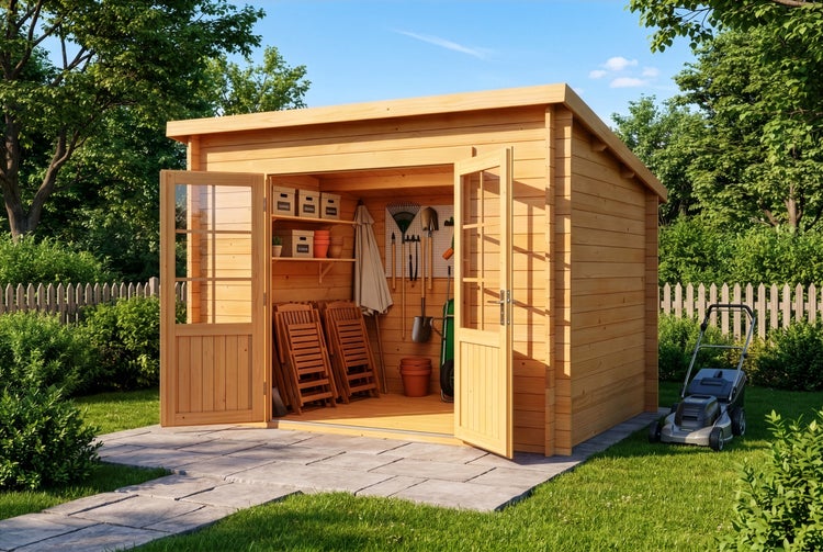 Helles Gartenhaus aus Holz mit Pultdach und offenen Doppeltüren, zeigt geordnete Gartenwerkzeuge und Klappstühle in einer sonnigen Gartenanlage.