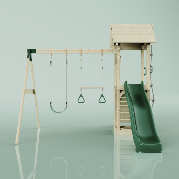 Spielplatz mit Schaukel, Turnringen, Kletterseil und Rutsche aus Holz