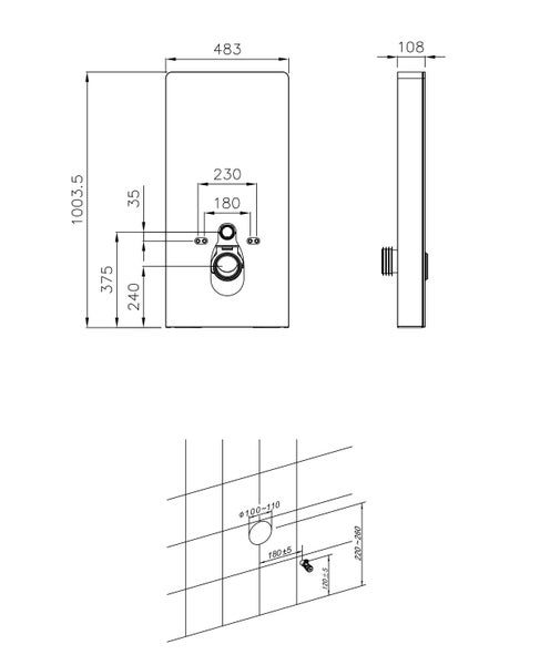 Technische Zeichnung eines Duschpaneels mit Maßangaben