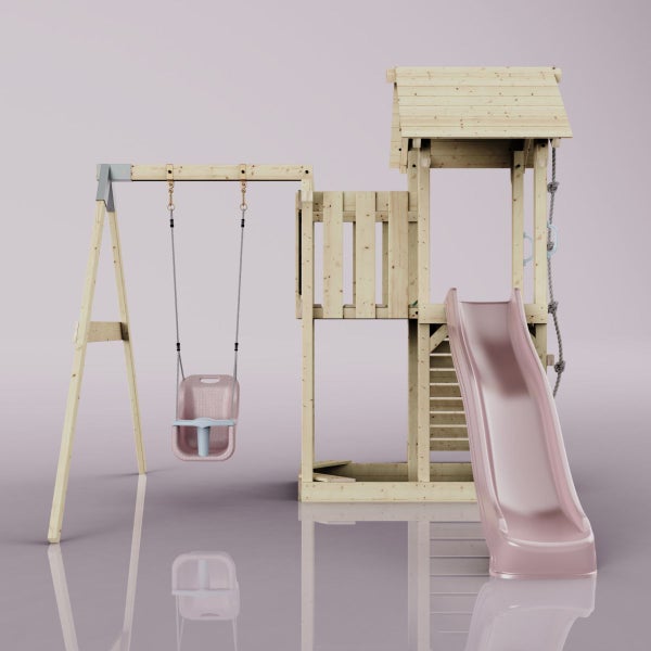 Spielturm mit Schaukel und Rutsche aus Holz
