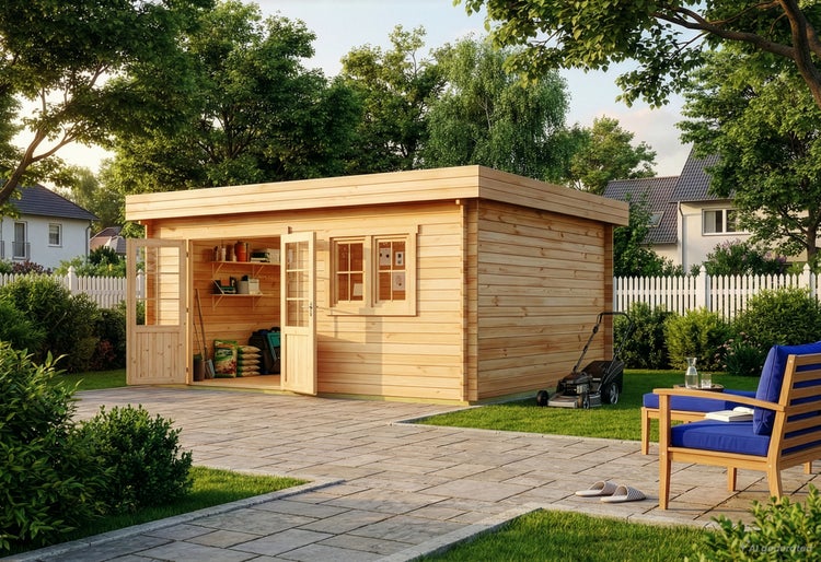 Holzgartenhaus mit Flachdach und Doppeltür in einem gepflegten Garten mit Terrasse, Rasenfläche und Gartenmöbeln.