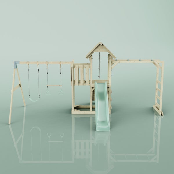 Spielplatzanlage mit Schaukel, Rutsche und Klettergerüst aus Holz