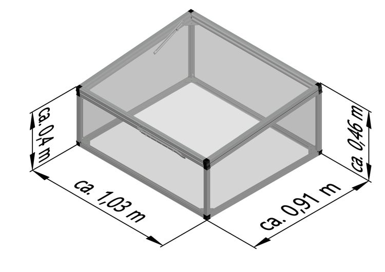 Technische Zeichnung eines Frühbeets mit Maßen: circa 1,03 Meter breit, 0,91 Meter tief und Höhe von 0,4 bis 0,46 Meter.