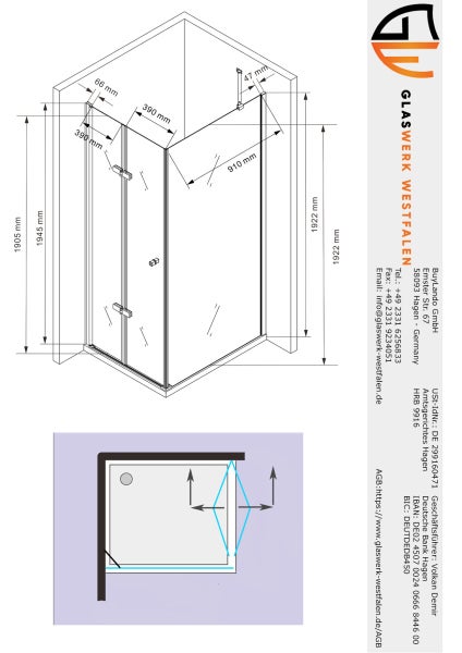 Technische Zeichnung einer Eckeinstiegsdusche mit Maßangaben