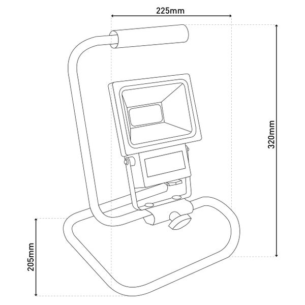 Skizze eines Strahlers mit den Maßen 225 mm, 320 mm und 205 mm