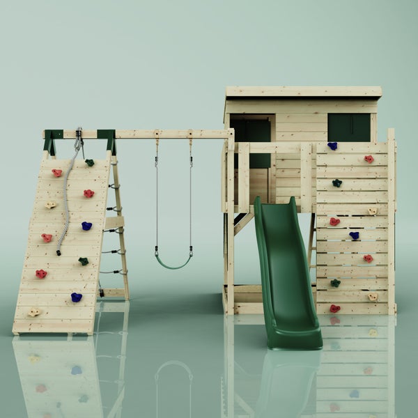 Spielturm aus Holz mit Rutsche, Schaukel, Kletterwand und Spielhaus für den Garten.