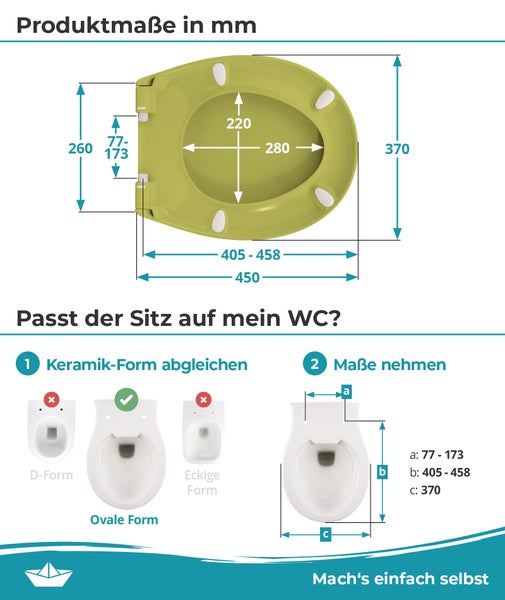 Calmwaters® Premium WC Sitz einfache Montage, Toilettendeckel bis 250 kg, Made in EU, antibakterieller Duroplast, Absenkautomatik, 2 Montage Optionen, abnehmbar, Klobrille, oval, Oliv-Moosgrün