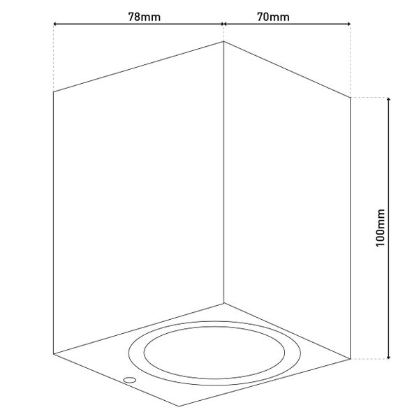 Technische Zeichnung einer Würfelförmigen Wandleuchte mit den Maßen 78 mm, 70 mm und 100 mm