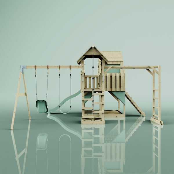 Holzspielturm mit Schaukel, Rutsche und Klettergerüst für den Garten