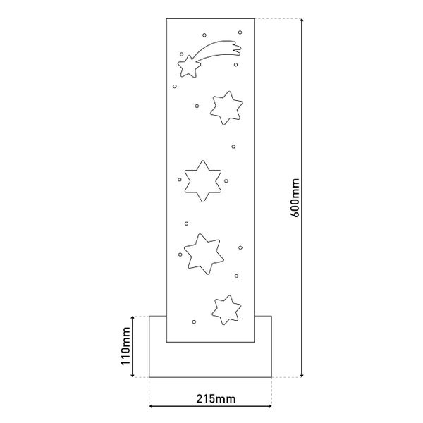 Abmessungen einer Nachtlampe mit Sternen, 600 mm hoch, 215 mm breit und 110 mm tief