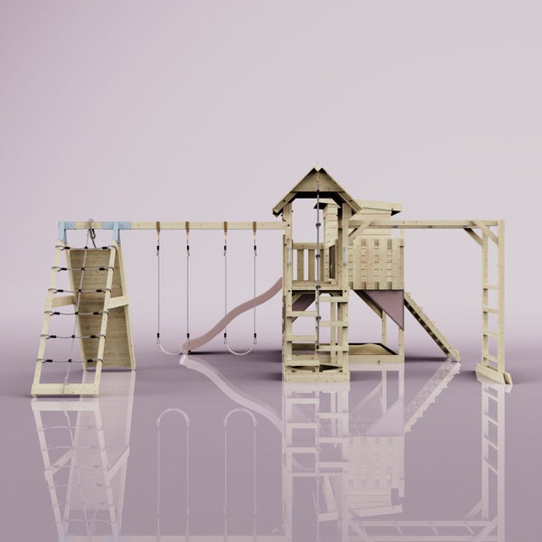 Spielplatz aus Holz mit Schaukeln, Rutsche, Kletterwand und Spielhaus