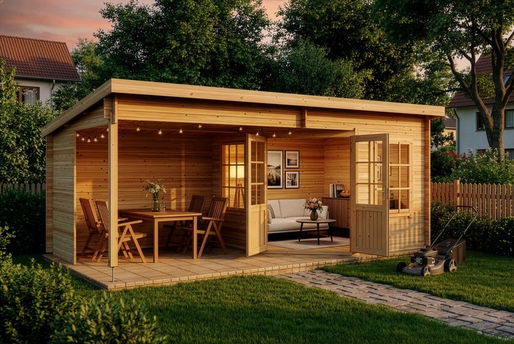 Modernes Gartenhaus aus Holz mit überdachter Terrasse, Sitzgruppe und Wohnbereich in einer hellen Gartenlandschaft mit Rasenmäher.