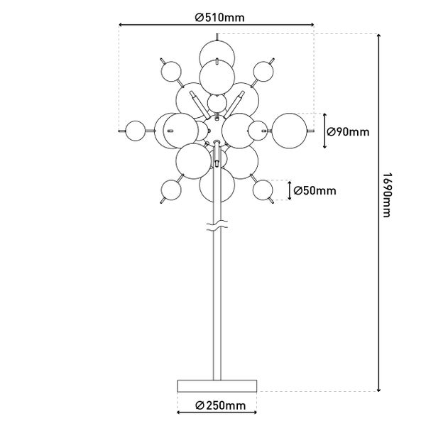 Technische Zeichnung einer Stehleuchte mit Kugeldesign und Maßangaben
