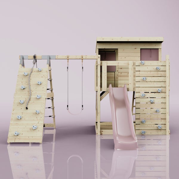 Kinderspielturm aus Holz mit Spielhaus, Rutsche, Schaukel, Kletterseil und Kletterwand.