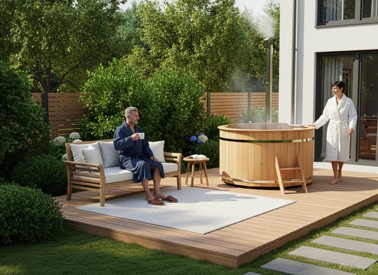 Ein Mann im Bademantel sitzt auf einem Gartensofa aus Holz neben einem hölzernen Badefass auf einer Terrasse im Garten.