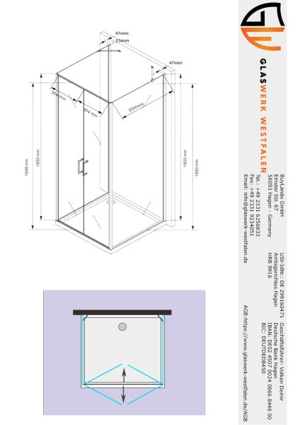Technische Zeichnung einer Duschkabine mit Maßangaben.
