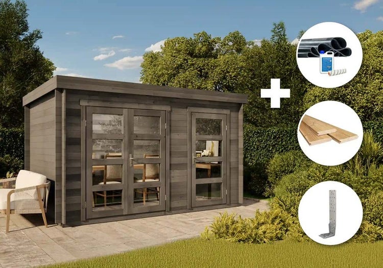 Modernes graues Gartenhaus aus Holz mit Flachdach, Glas-Doppeltür und Einzeltür, inklusive Dachfolie, Fußboden und Sturmankern.