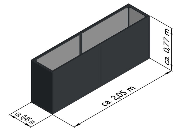 Rechteckiges Hochbeet mit den Maßen: circa 2,05 Meter Länge, 0,45 Meter Breite und 0,77 Meter Höhe.