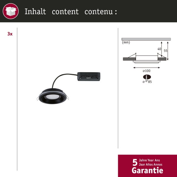 Drei Einbaustrahler mit technischer Zeichnung und Maßen sowie fünf Jahren Garantie.