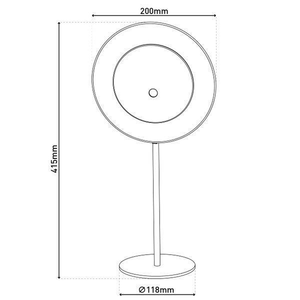 Technische Zeichnung einer Tischleuchte mit den Maßen: 415 mm Höhe, 200 mm Breite des Lampenschirms, 118 mm Durchmesser des Lampenfußes.