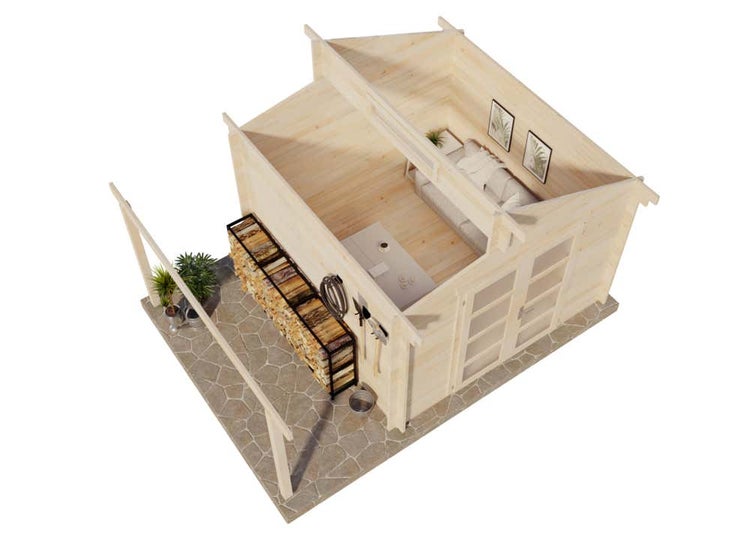 Gartenhaus aus hellem Holz mit Glasdoppeltür, Inneneinrichtung und seitlichem Schleppdach inklusive Kaminholzregal auf Steinboden.