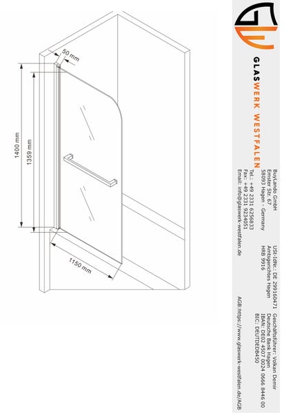 Technische Zeichnung einer Duschkabine mit Maßangaben