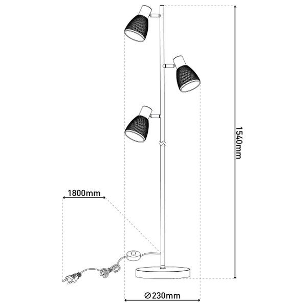 Abmessungen einer Stehlampe mit drei Lampenschirmen