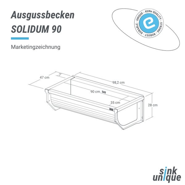 Technische Zeichnung eines Ausgussbeckens Solidum 90 mit Maßangaben und KUNE-Siegel sowie Sink Unique Logo