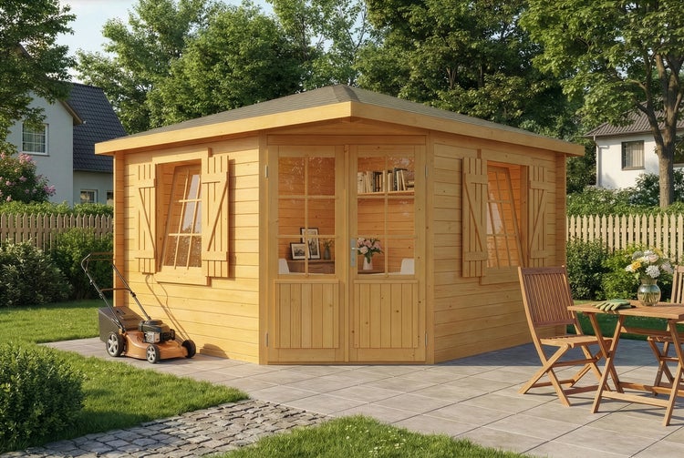 Holz Gartenhaus mit Fenstern, Türen und Rasenmäher im Garten.