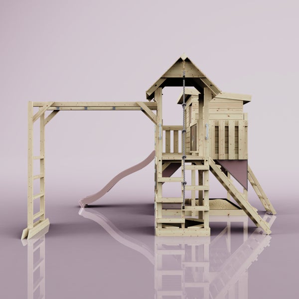 Spielturm aus Holz mit Rutsche, Kletterseil und Leiter