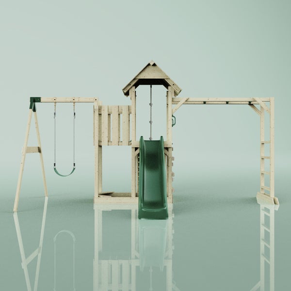 Spielplatz mit Schaukel, Rutsche, Kletterwand und Spielhaus aus Holz