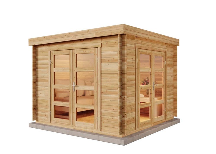 Gartenhaus aus Holz mit Flachdach und zwei großen Doppelflügeltüren aus Glas.