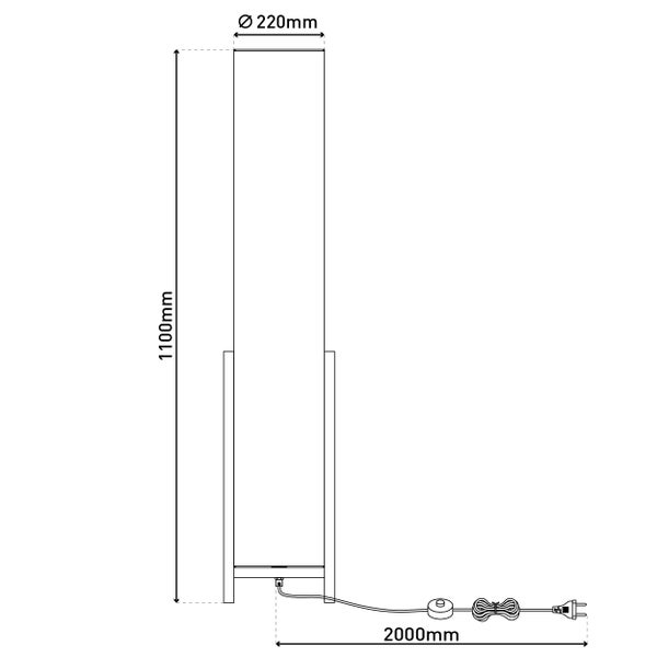 Abbildung einer Stehlampe mit den Maßangaben Durchmesser 220 mm, Höhe 1100 mm und Kabellänge 2000 mm.
