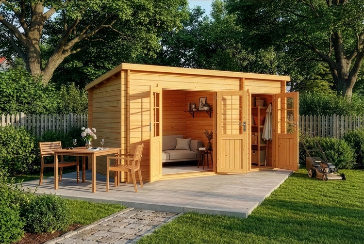 Modernes, helles Gartenhaus aus Holz mit zwei Räumen und offenen Türen auf einer Steinterrasse mit Sitzgruppe aus Holz und angrenzender Rasenfläche.