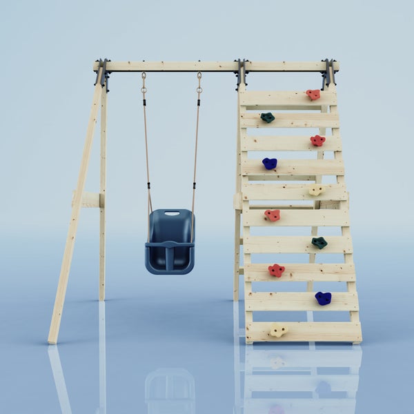 Kinderschaukel aus Holz mit einer Babyschaukel und einer Kletterwand mit Klettersteinen.