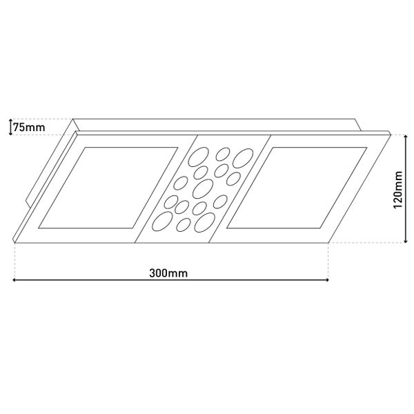 Technische Zeichnung einer Leuchte mit den Maßen 300 mm Breite, 120 mm Höhe und 75 mm Tiefe.