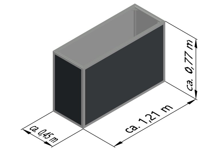 Rechteckiger Pflanzkasten mit den Maßen circa 1,21 Meter Länge, 0,45 Meter Breite und 0,77 Meter Höhe.