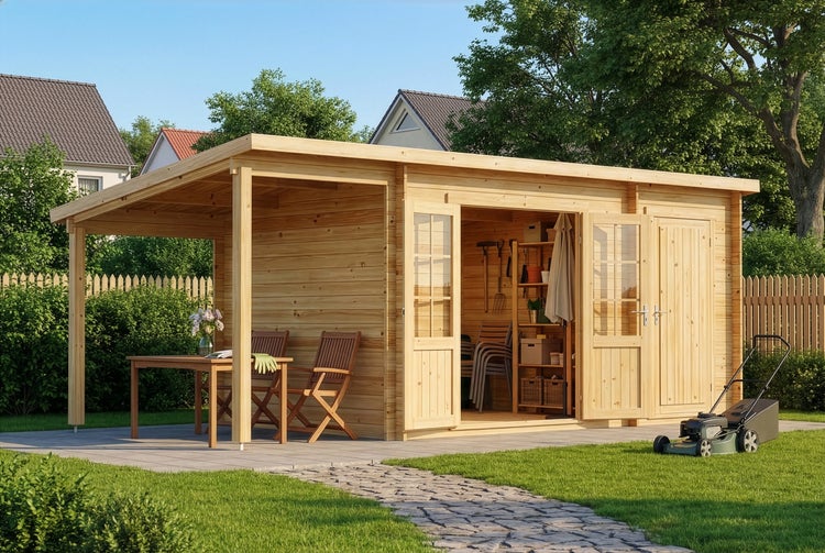 Gartenhaus aus Holz mit Pultdach, integrierter überdachter Terrasse und Doppelflügeltür. Der Innenraum zeigt Gartenwerkzeuge und Regale.