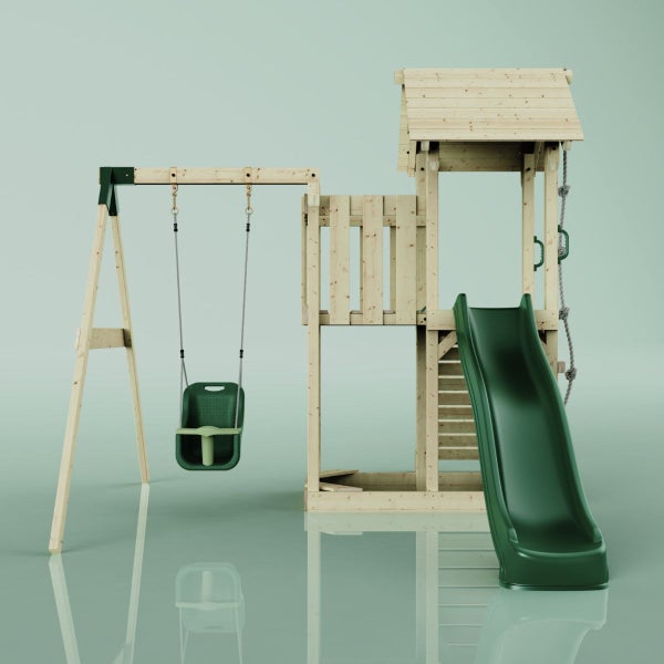 Spielturm mit Schaukel, Rutsche und Kletterleiter aus Holz