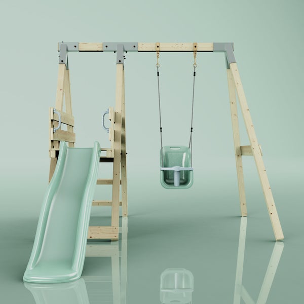 Spielturm aus Holz mit Schaukel und Rutsche.