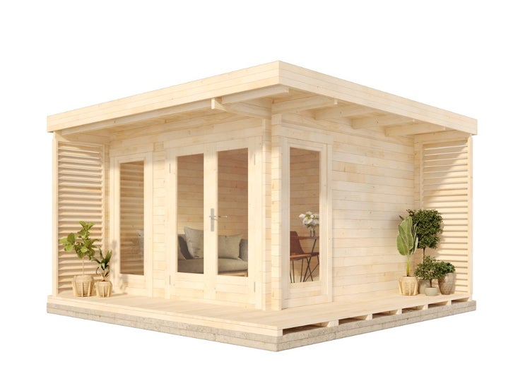 Alpholz Gardenlounge Cube - 44 Gartenhaus aus Holz, Holzhaus mit 44 mm Wandstärke inklusive Terrasse Blockbohlenhaus, Naturbelassen 4x4m