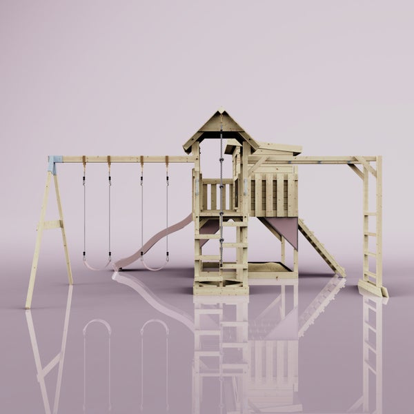 Holzspielplatz mit Schaukeln, Rutsche, Kletterwand und Sandkasten