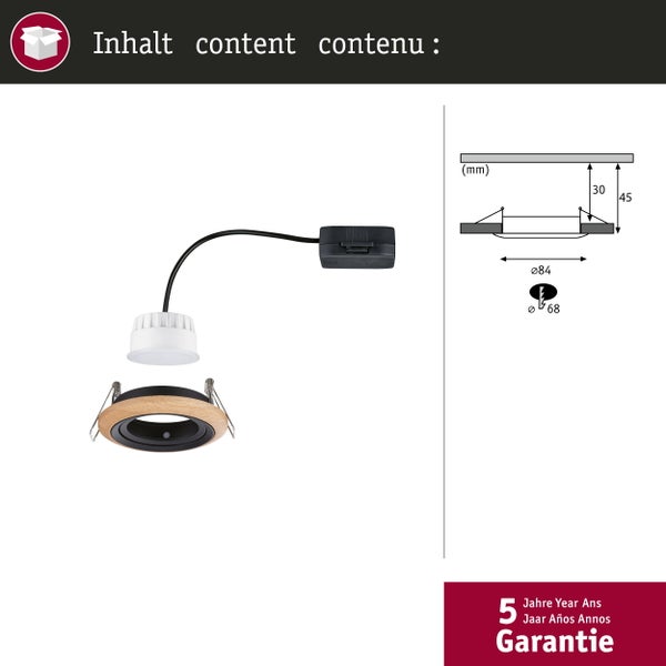 Einbauleuchte mit technischer Zeichnung, Maßen und fünf Jahren Garantie.