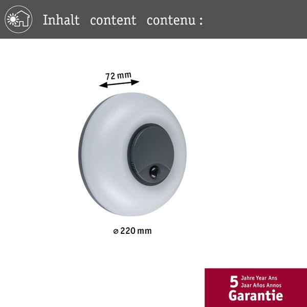 Runde Außenleuchte mit Bewegungsmelder, Durchmesser 220 Millimeter und Tiefe 72 Millimeter, mit fünf Jahren Garantie.
