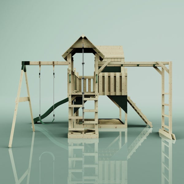 Spielplatz mit Schaukel, Rutsche, Kletterwand und Sandkasten aus Holz