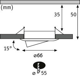 Technische Zeichnung mit Einbaumaßen für einen schwenkbaren Einbaustrahler mit 66 Millimeter Durchmesser und 55 Millimeter Ausschnittmaß.