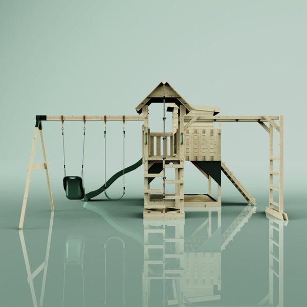 Holzspielturm mit Schaukel, Rutsche und Klettergerüst für den Garten