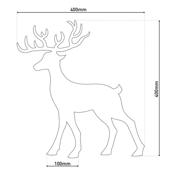 Abmessungen einer stehenden Hirschsilhouette: 400 mm breit und hoch, 100 mm tief.