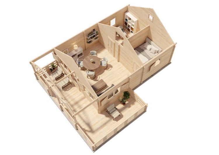 Dreidimensionale Ansicht eines Gartenhauses aus Holz mit offener Dachkonstruktion und Terrasse.