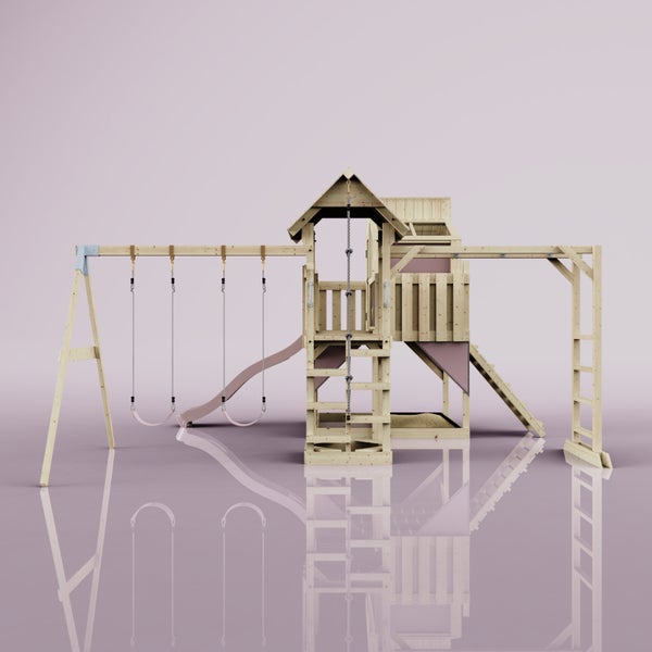 Holzspielplatz mit Schaukeln, Rutsche, Kletterwand und Spielhaus